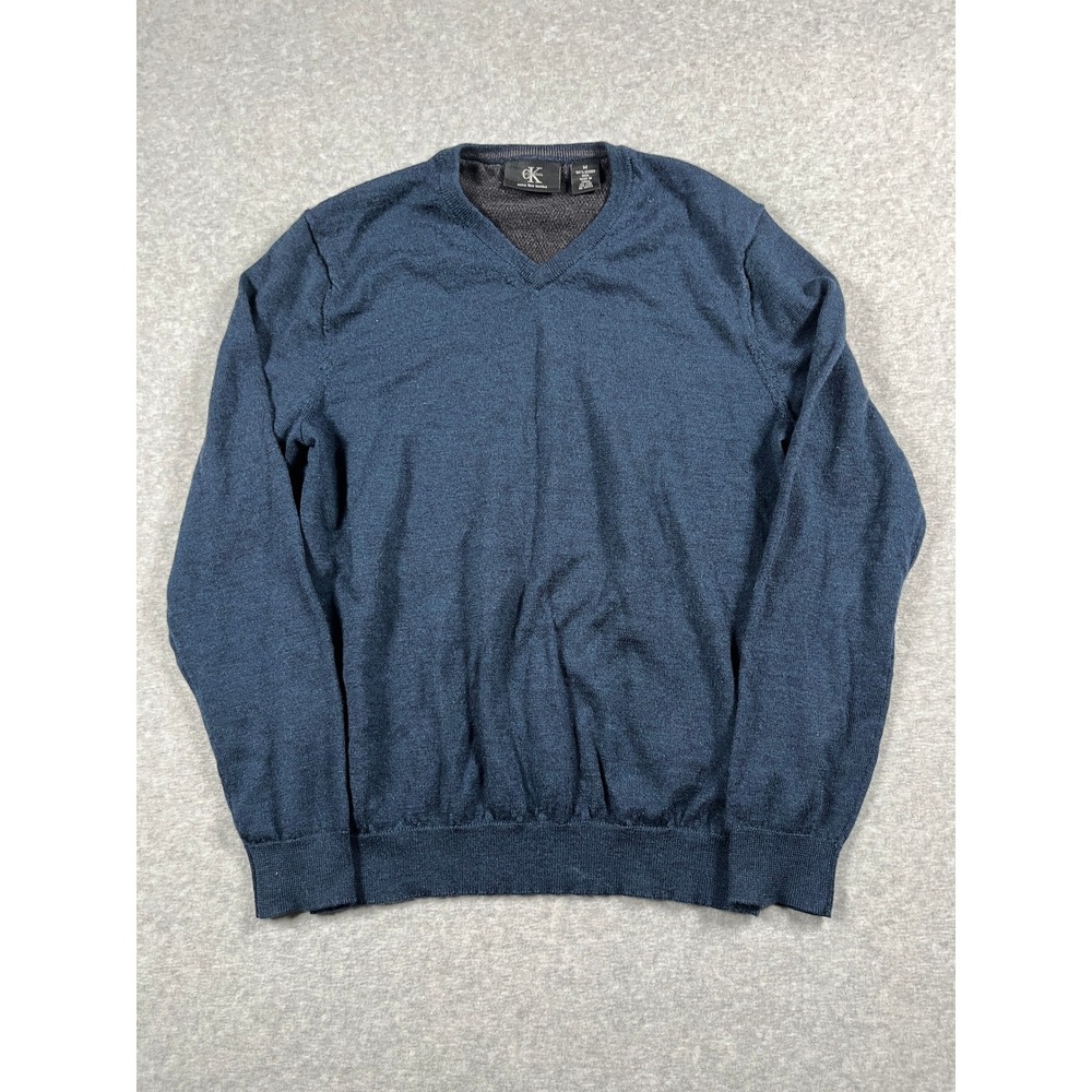 Calvin Klein 100% Merino Wool V Neck Sweater Mens M Blue Minimalist Capsule 90s